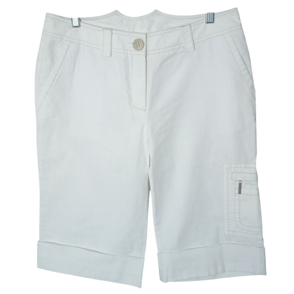 Kenzie Women 8 White Beach Coastal Cargo Bermuda Shorts, Inseam 12.5"